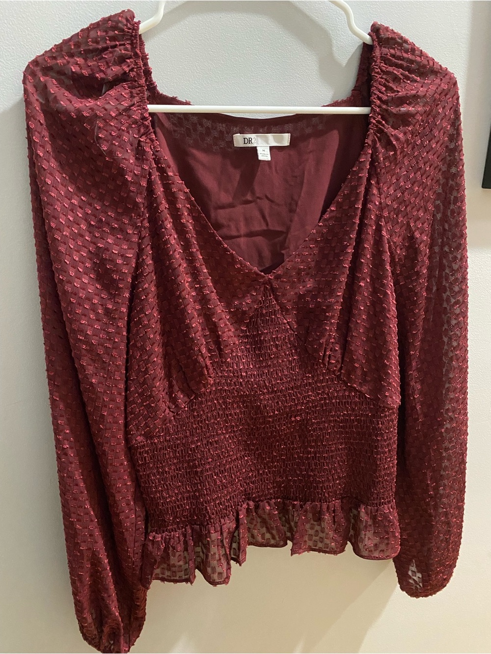 DR2 Wine Burgundy Long-Sleeve V-Neck Smocked Peplum Top